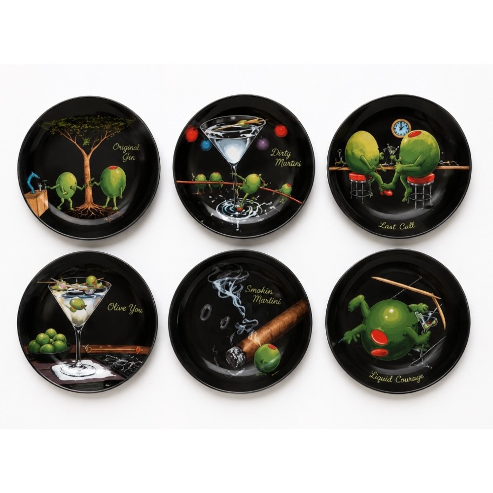 Santa Barbara Olive Party Ceramic Canape Cocktail Plates Set Of 6 NWOT